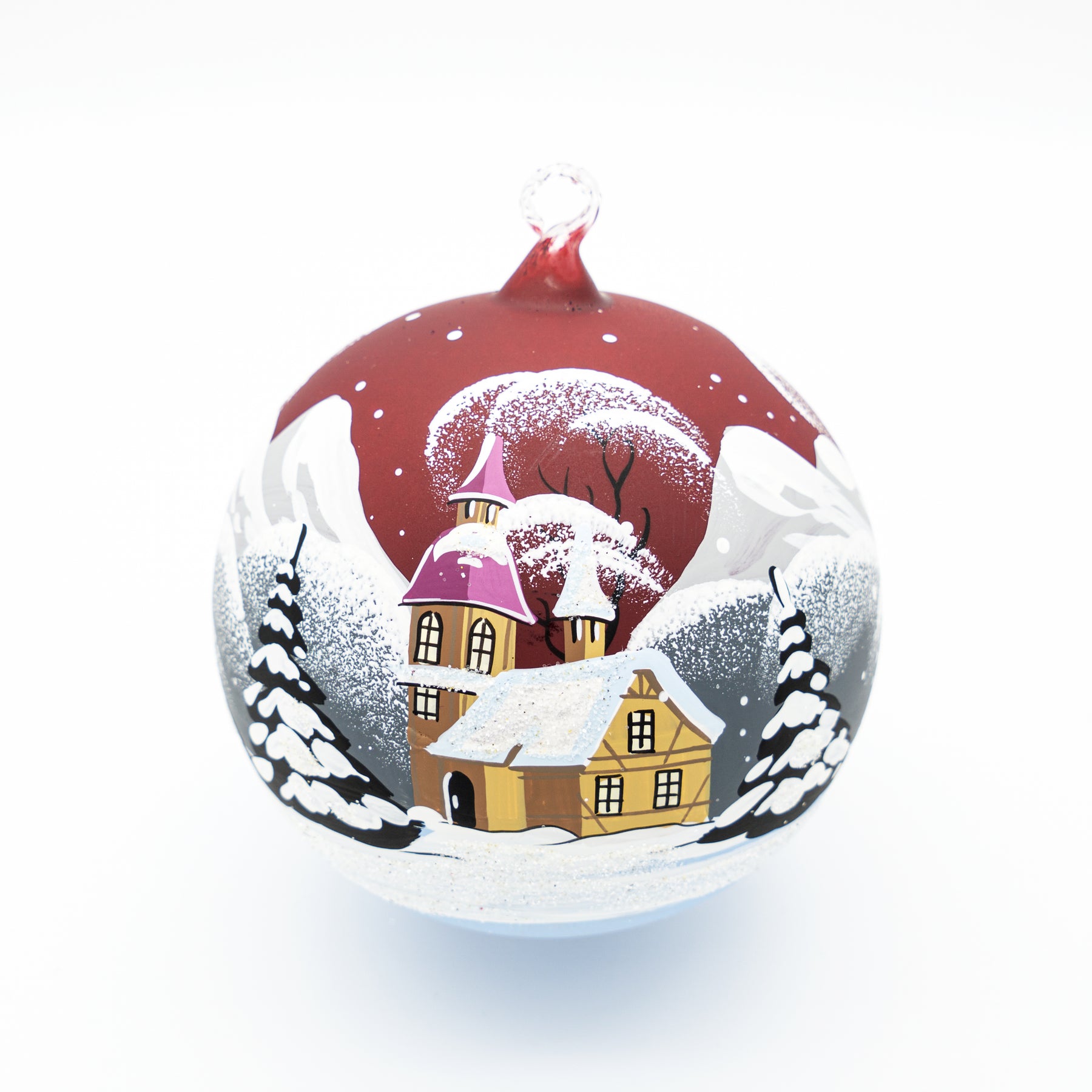 Weihnachtskugel Kirche und Winterlandschaft