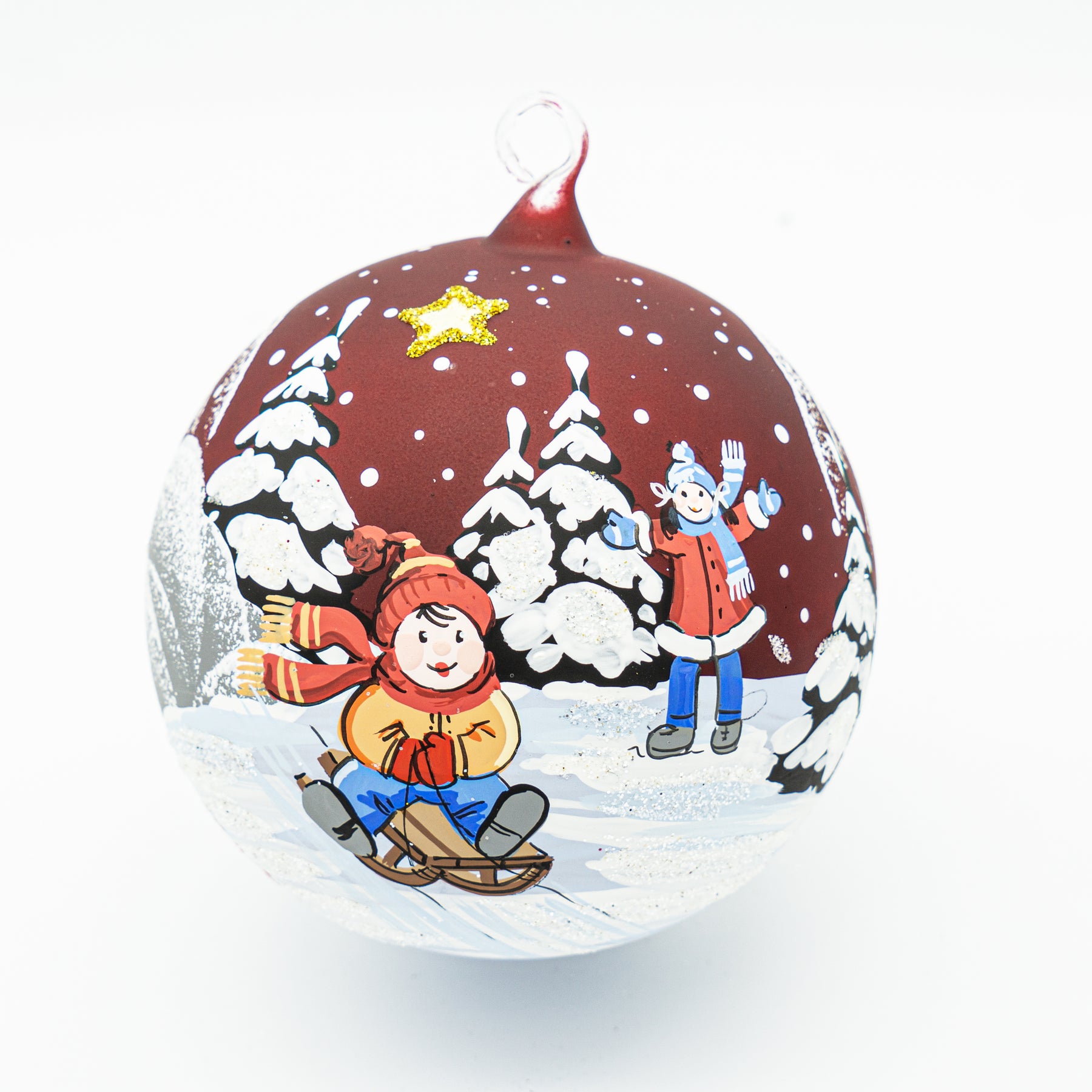Weihnachtskugel Kinder und Schlitten rot