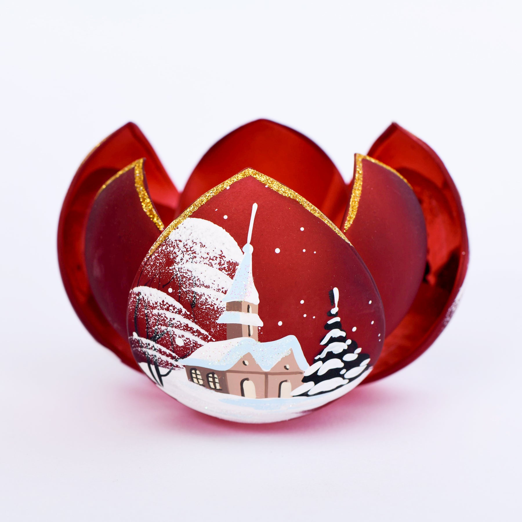Windlicht Lotos mit Weihnachtsmotiv rot