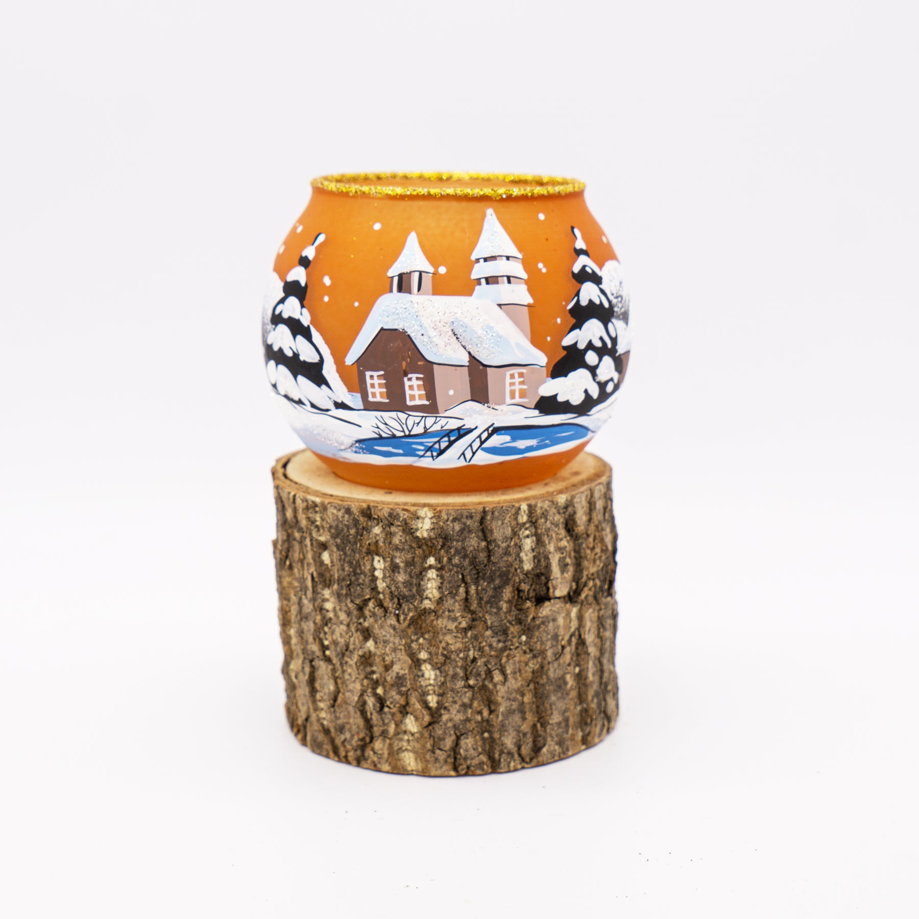 Windlicht mit Holzklotz orange