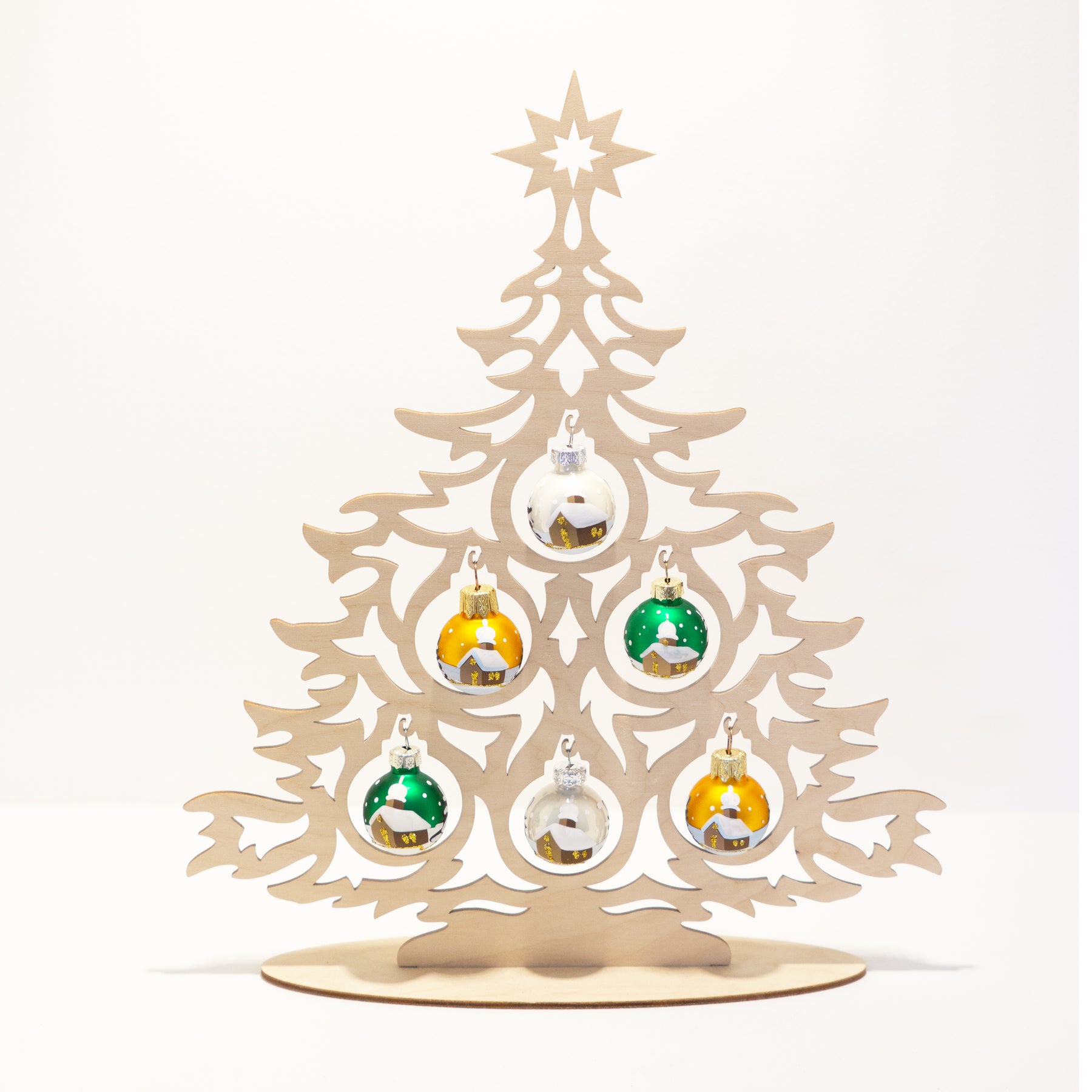 Tannenbaum Set aus Holz mit Weihnachtskugeln