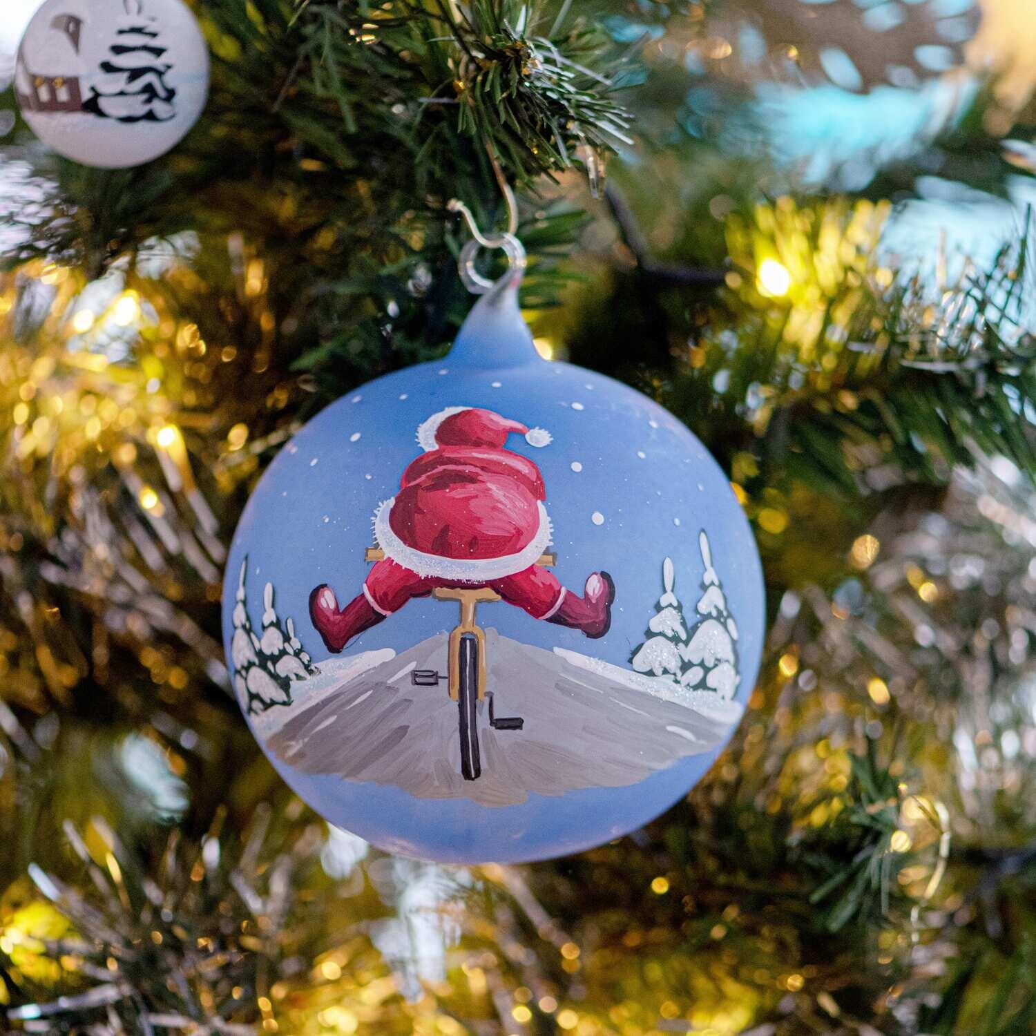Weihnachtskugel Weihnachtsmann auf Fahrrad