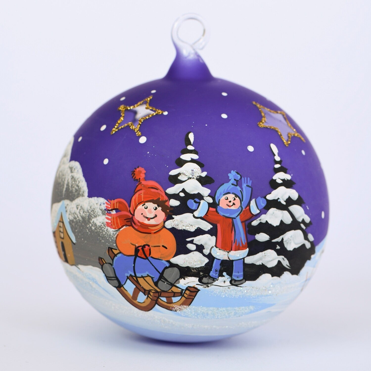 Weihnachtskugel Kinder und Schlitten blau