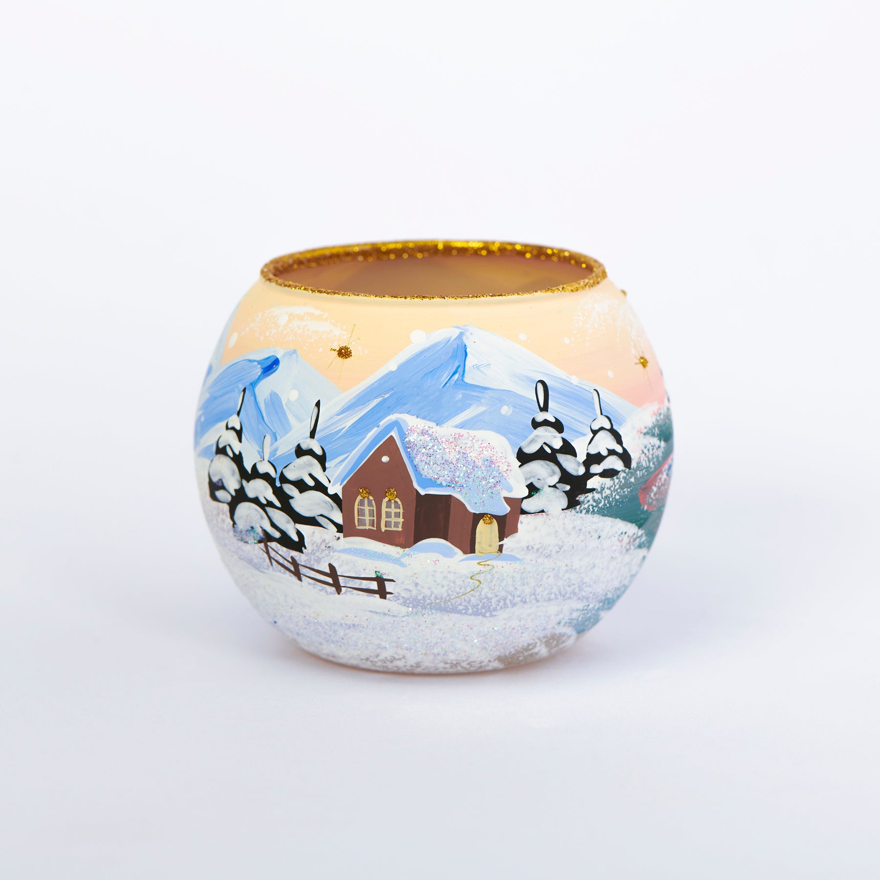 Kugel Windlicht Winterlandschaft gelb