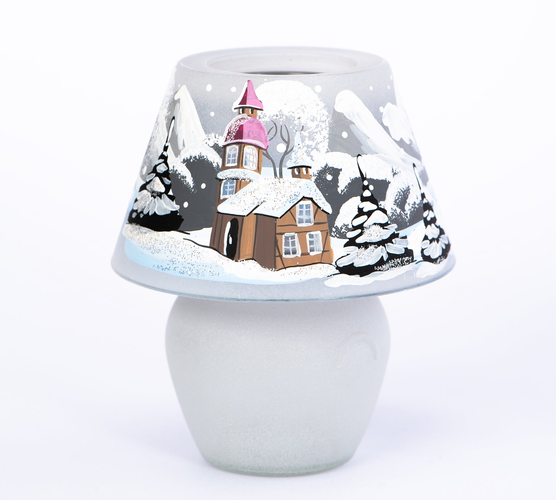 Windlicht Lampe aus Glas mit Weihnachtsmotiv weiß