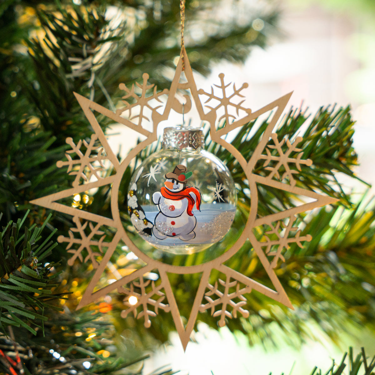 Schneemann Weihnachtskugel mit Holzkranz 