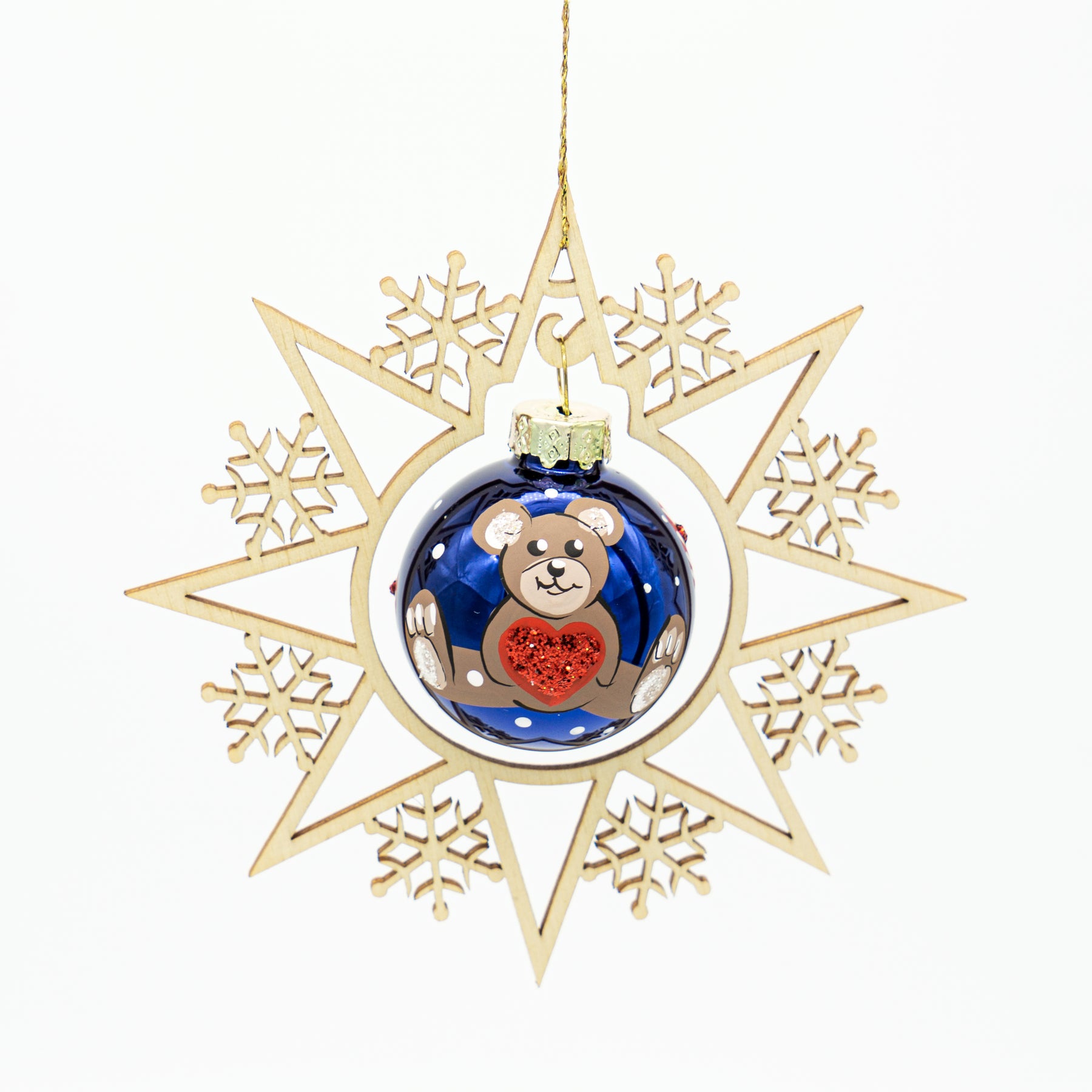 Holzstern Weihnachtskugel mit Teddybär
