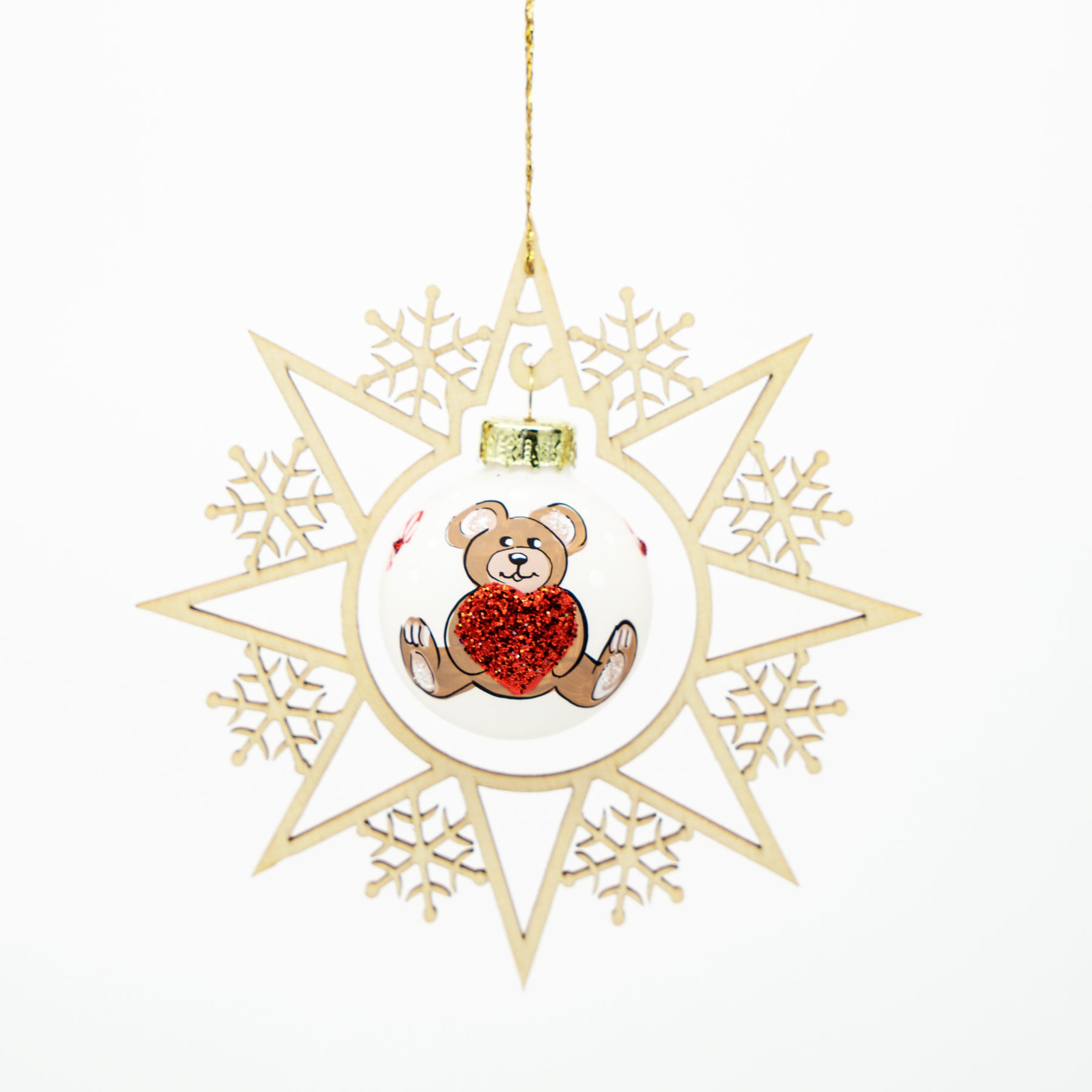 Holzstern Weihnachtskugel mit Teddybär