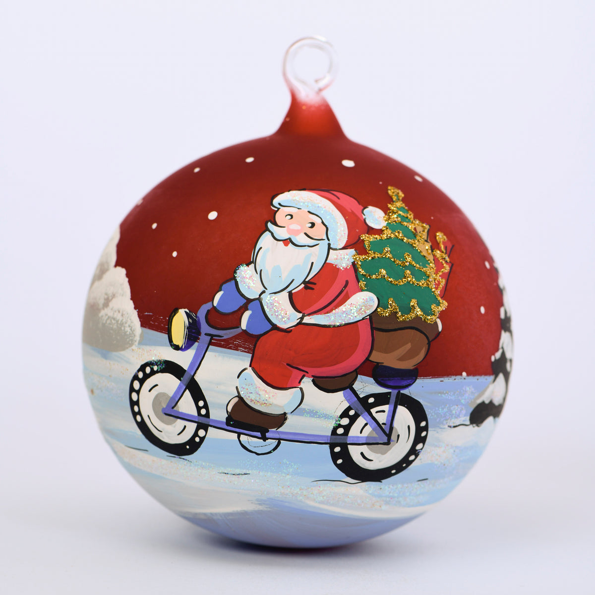 Weihnachtskugel Weihnachtsmann auf Fahrrad