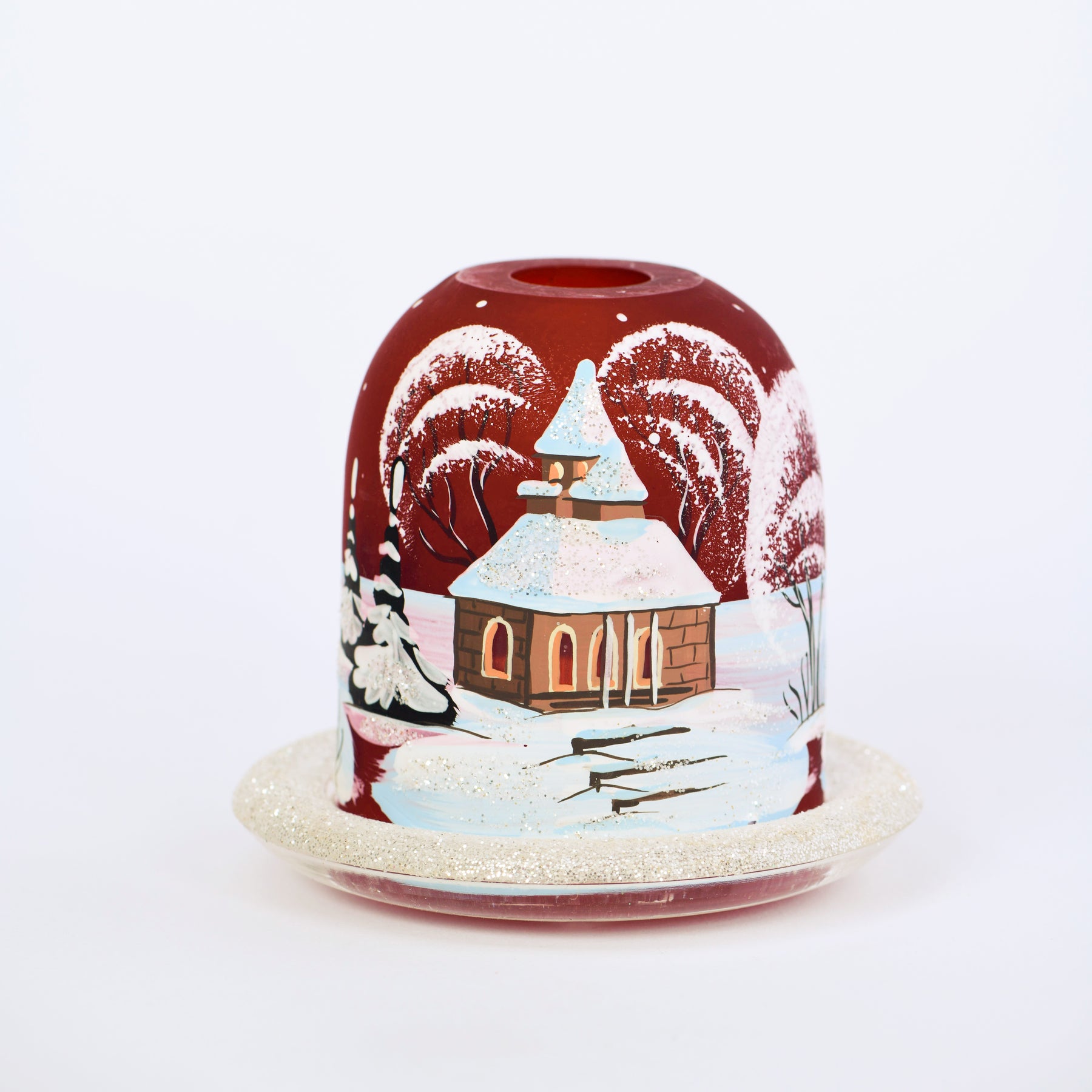 Windlicht Glocke und Teller aus Glas rot