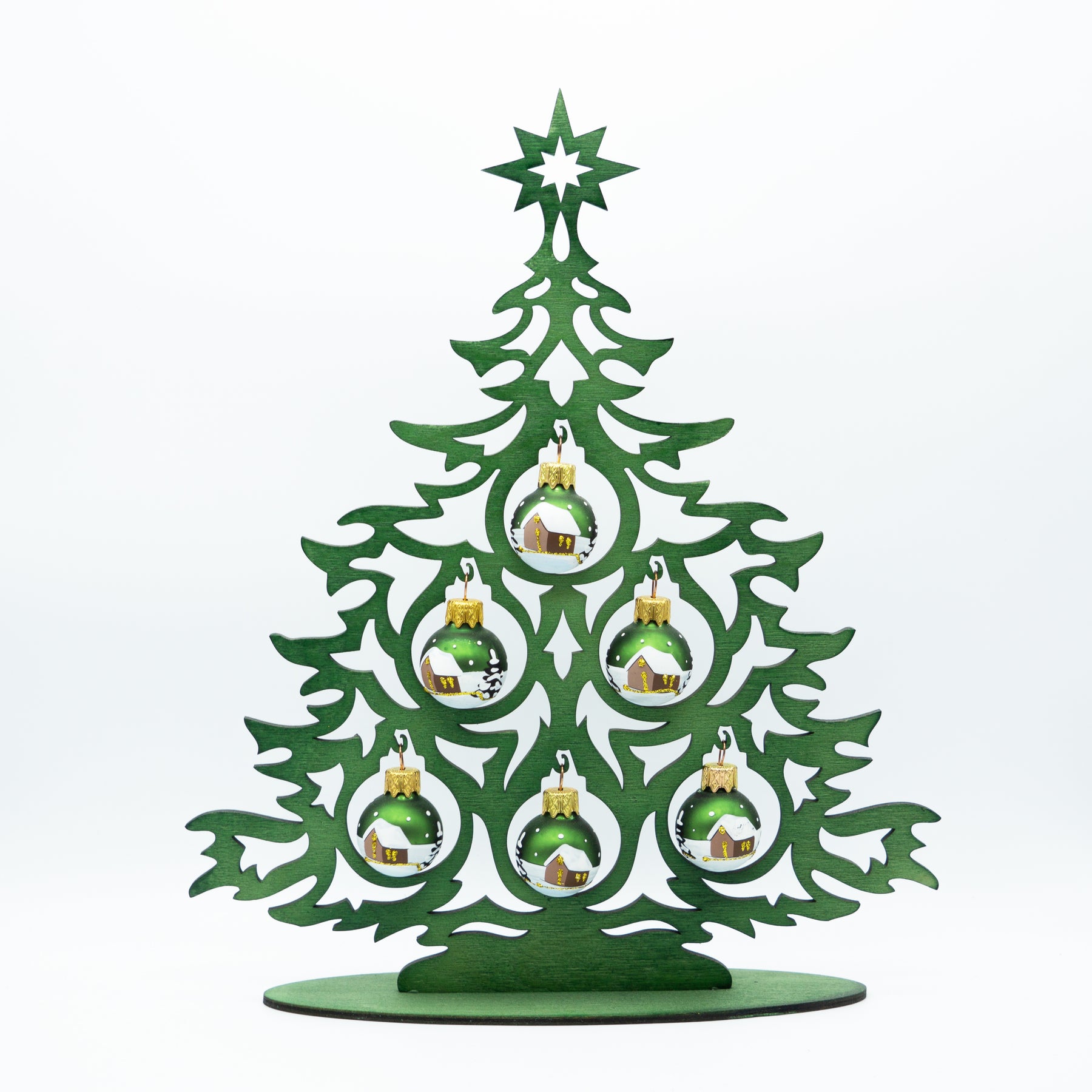 Tannenbaum Set aus Holz mit Weihnachtskugeln grün