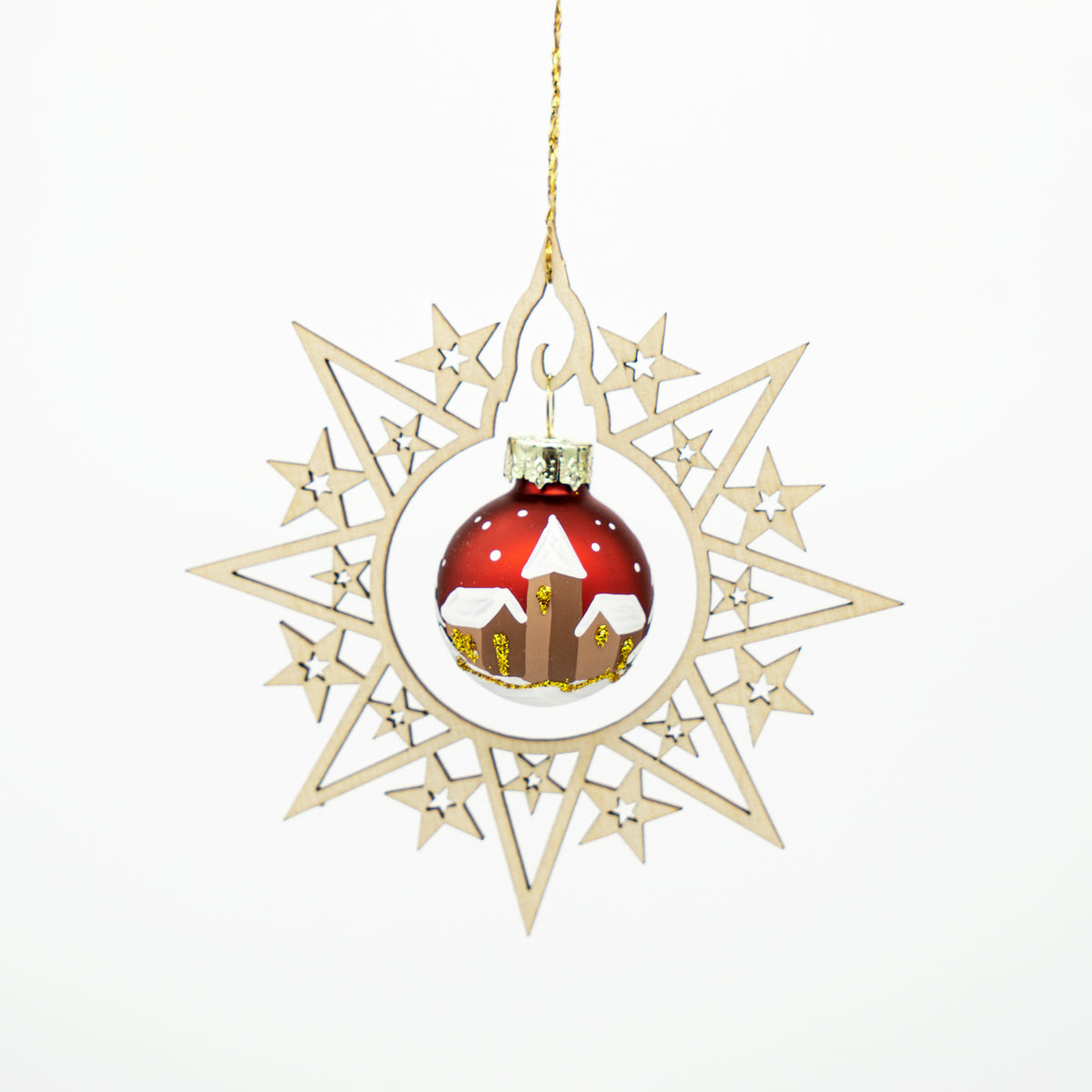 Holzstern mit Weihnachtskugel rot