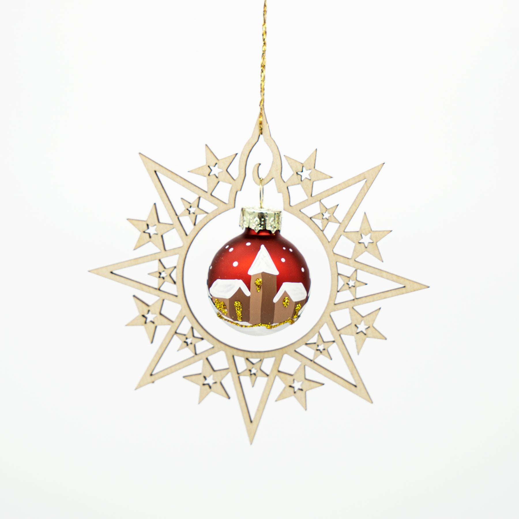 Holzstern mit Weihnachtskugel rot