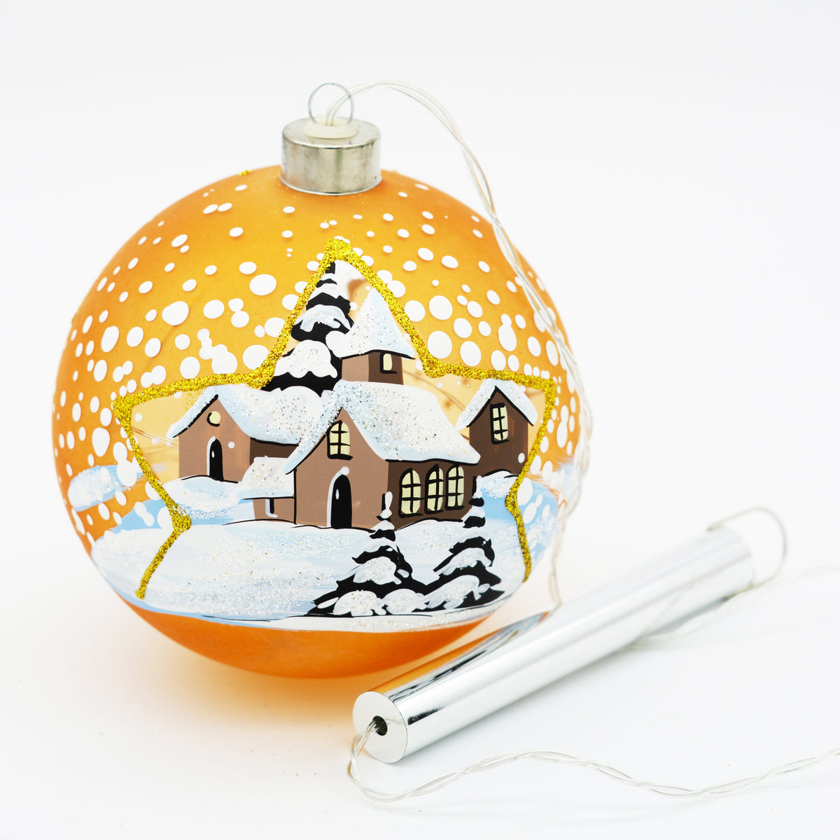 Weihnachtskugel mit LED Kette orange
