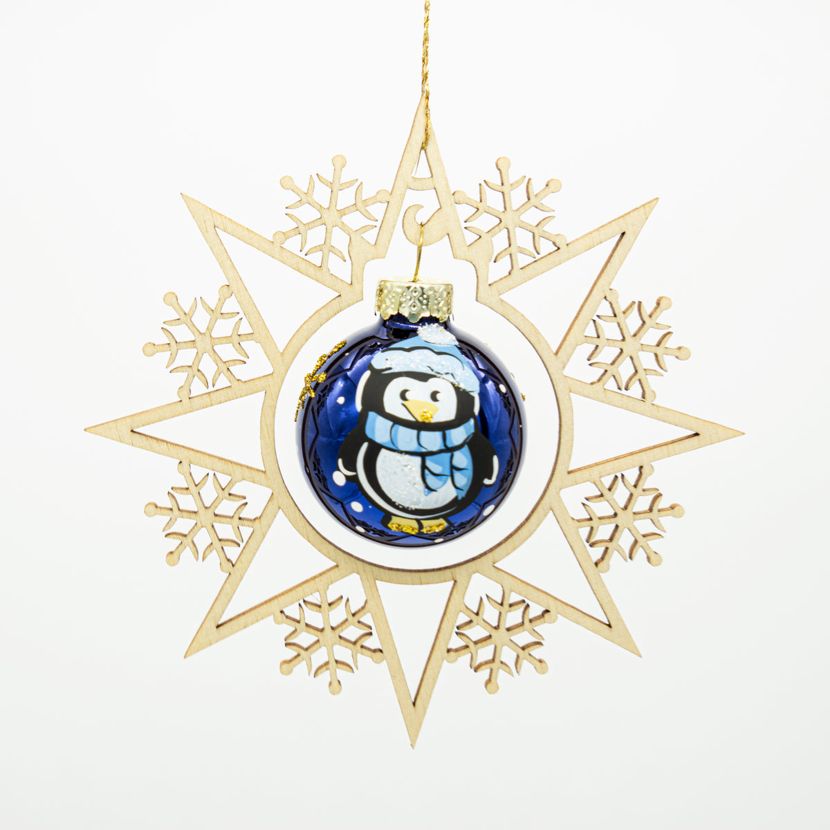 Holzstern Weihnachtskugel Pinguin blau