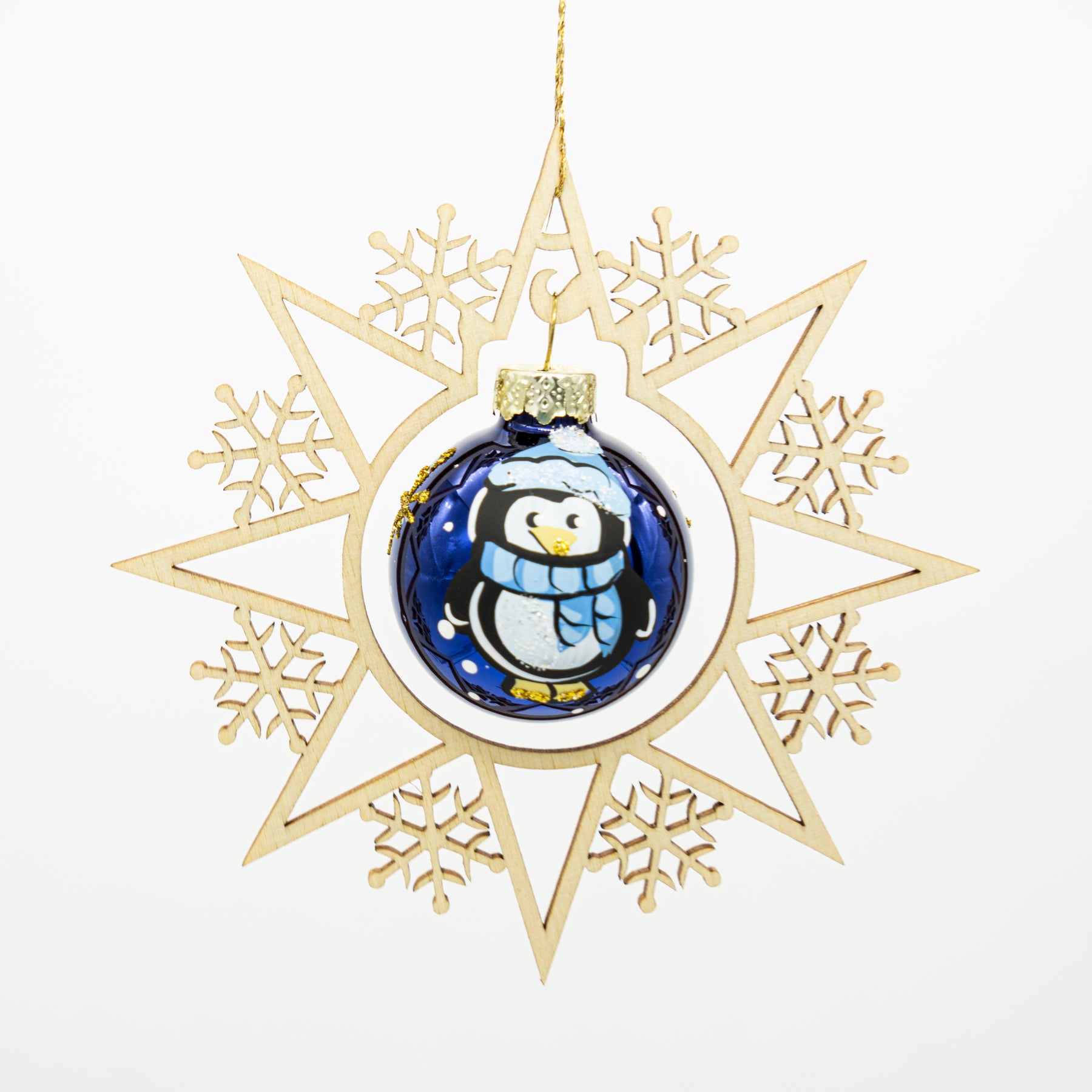 Holzstern Weihnachtskugel Pinguin blau