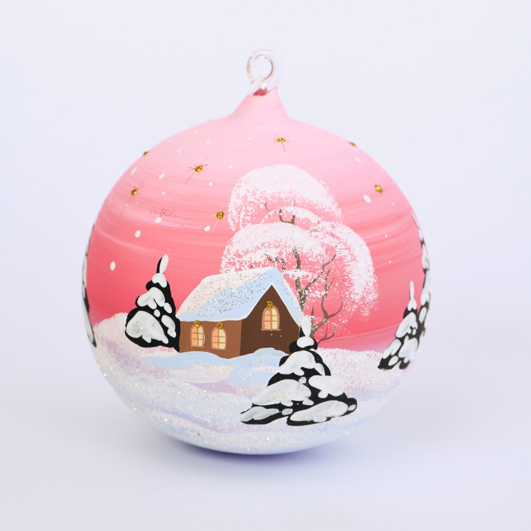 Weihnachtskugel Häuschen und Winterlandschaft rosa