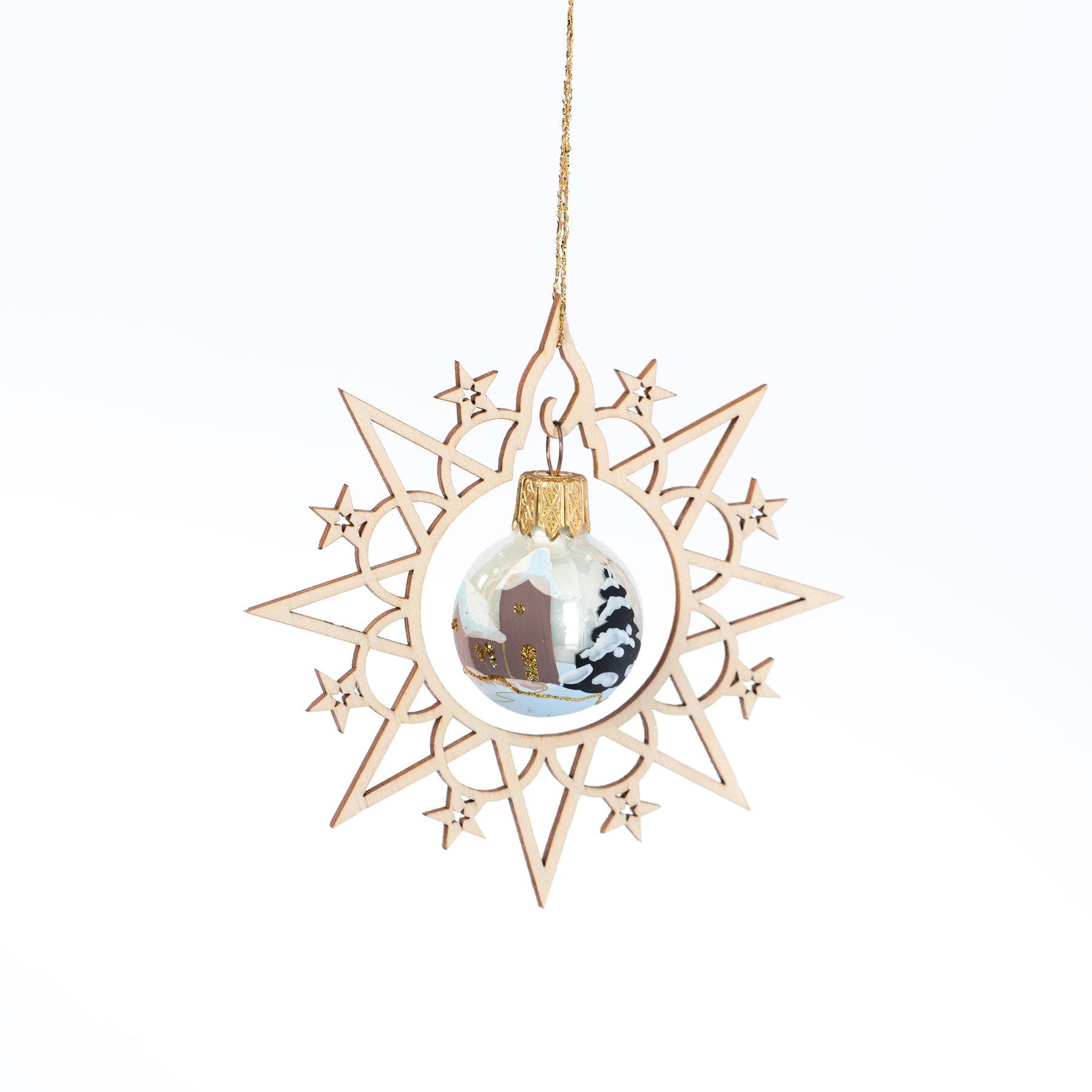 Holzstern mit Weihnachtskugel weiß