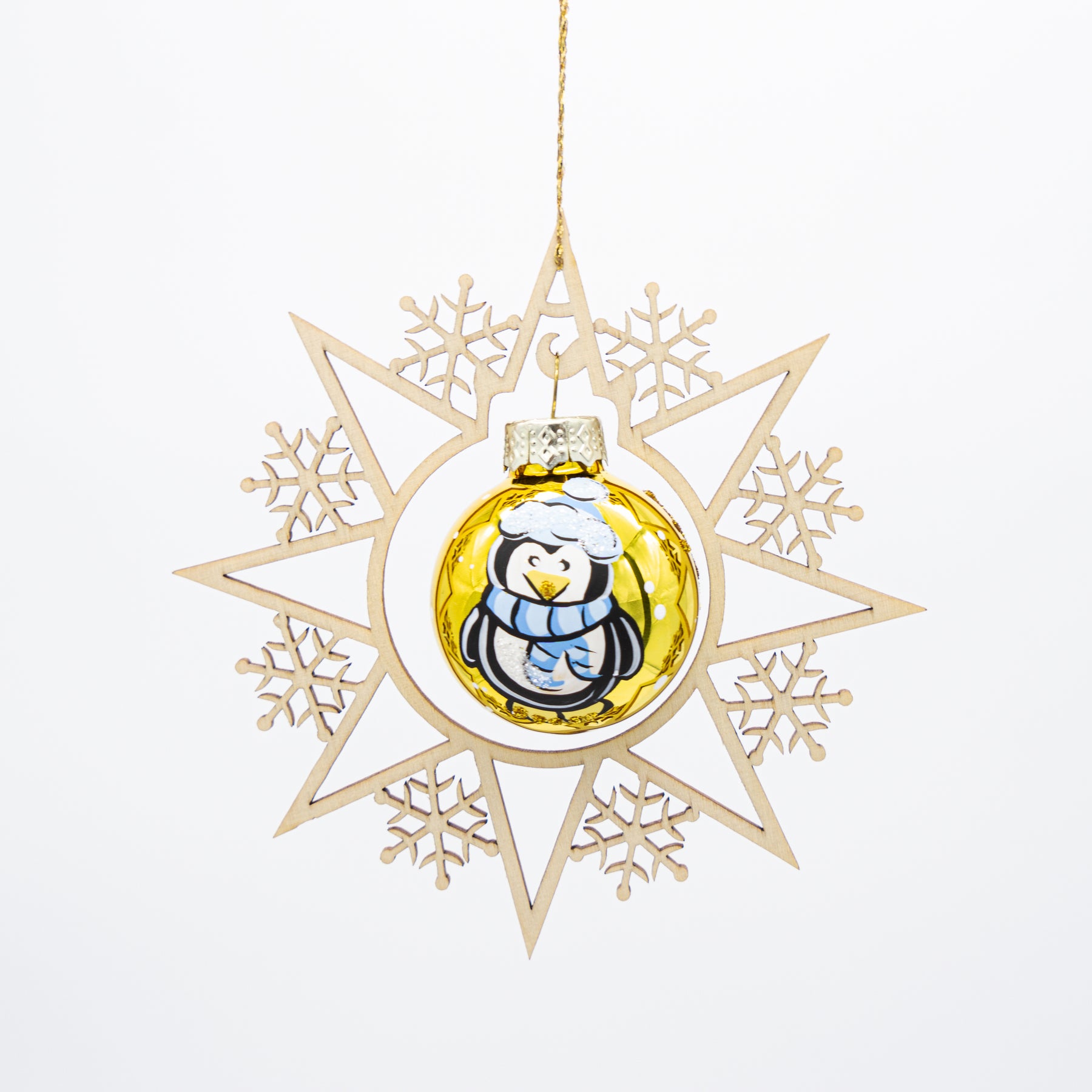 Holzstern Weihnachtskugel Pinguin gold