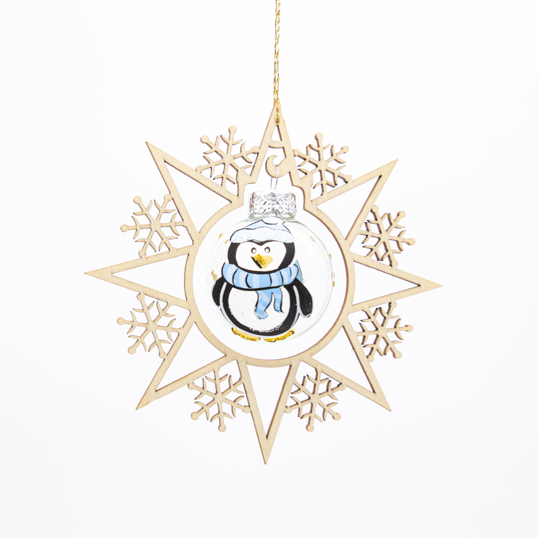 Holzstern Weihnachtskugel Pinguin klar