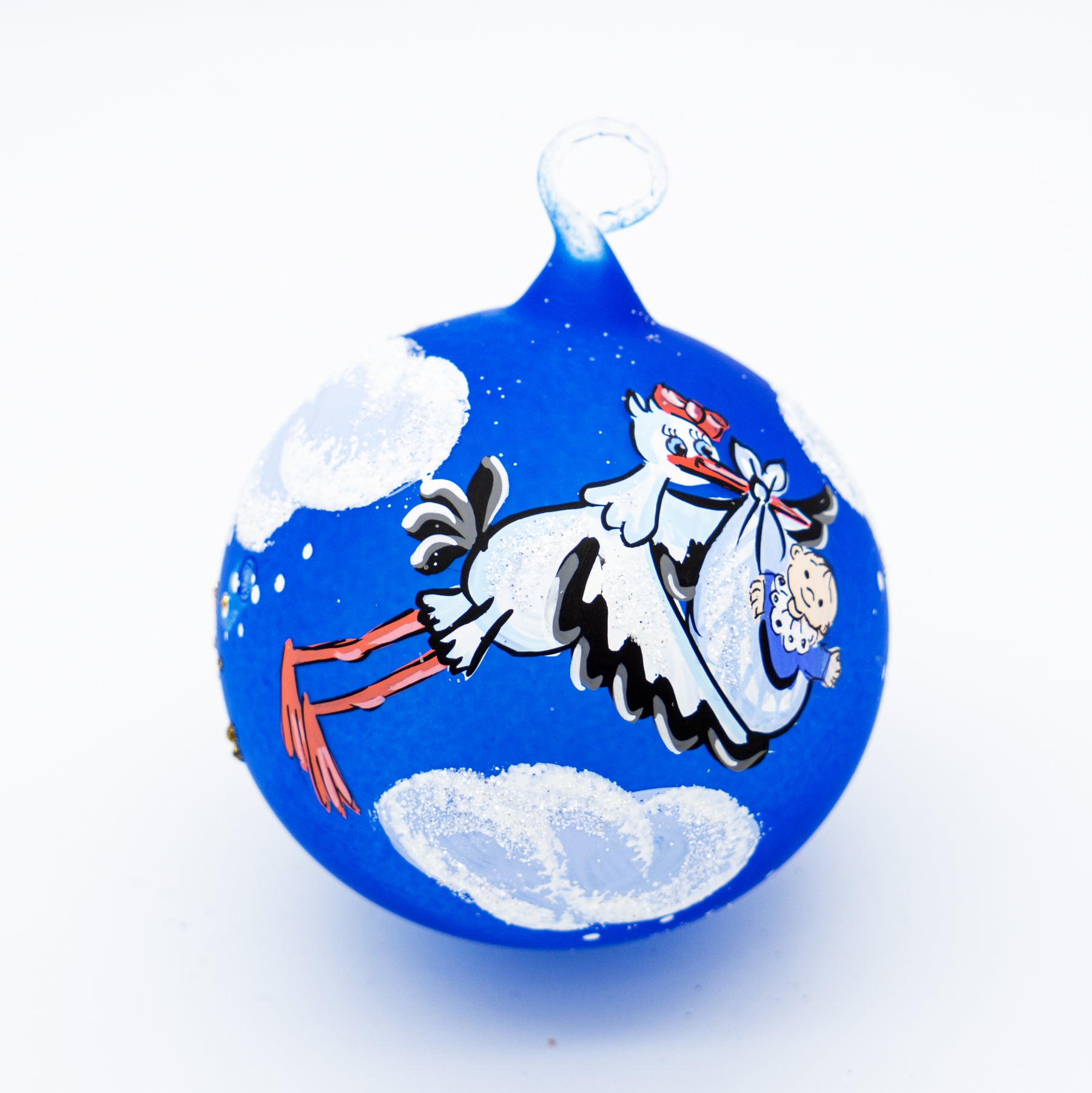 Weihnachtskugel Storch und Baby blau