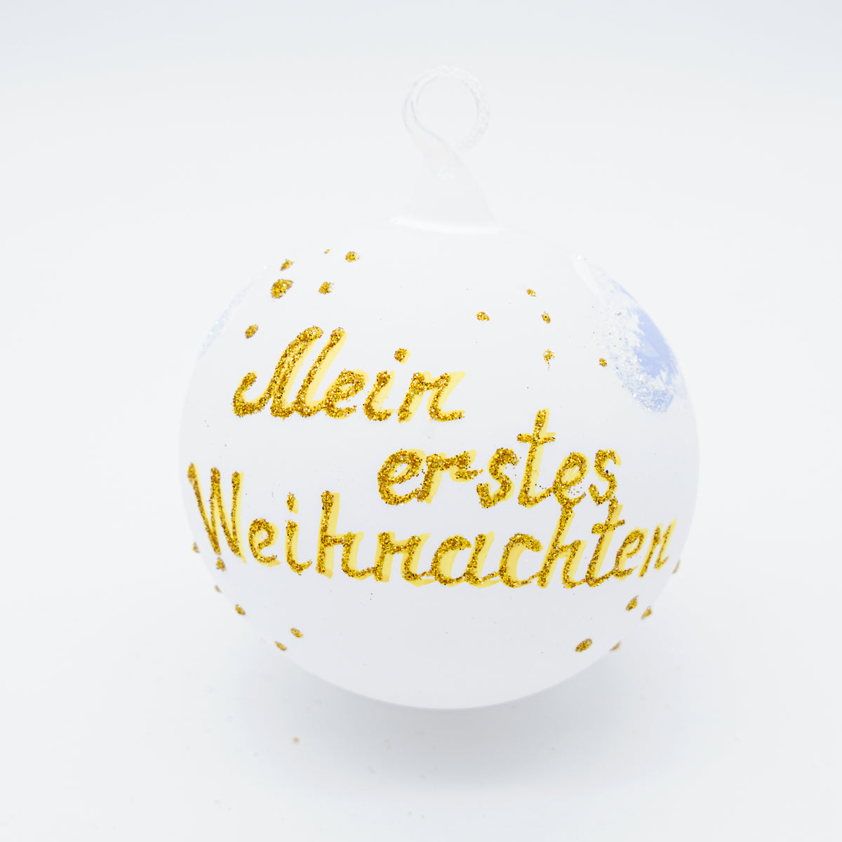 Weihnachtskugel Storch und Baby weiß