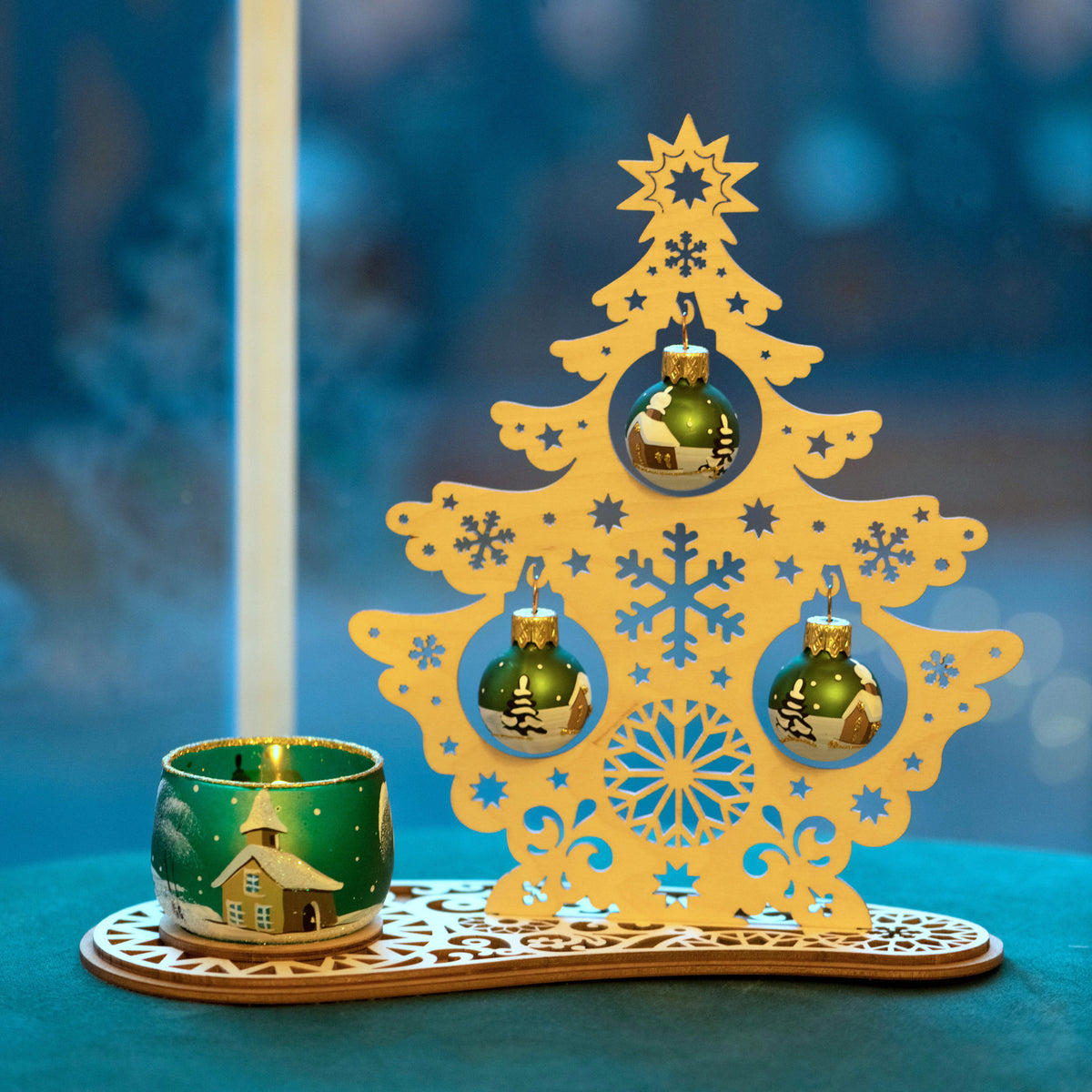 Tannenbaum Set aus Holz und Glas