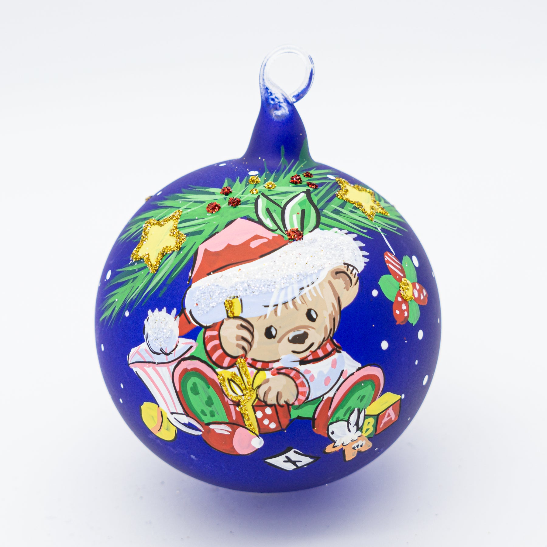 Weihnachtskugel mit Teddybär blau