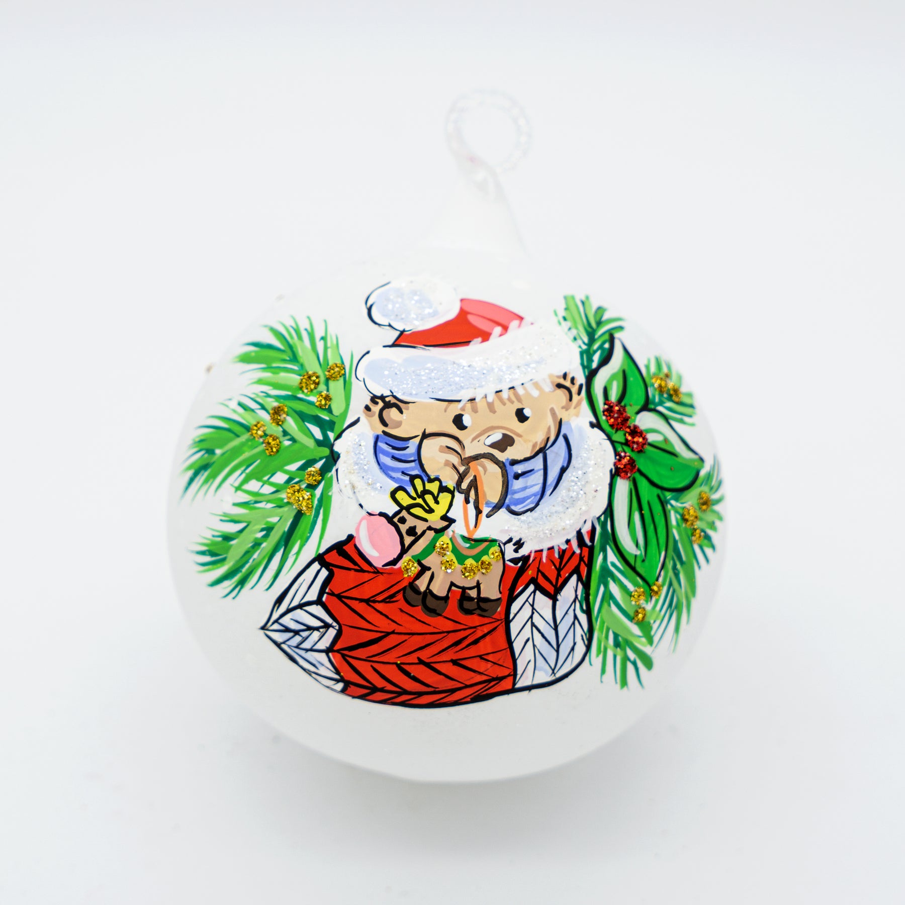 Weihnachtskugel mit Teddybär in Socke weiß