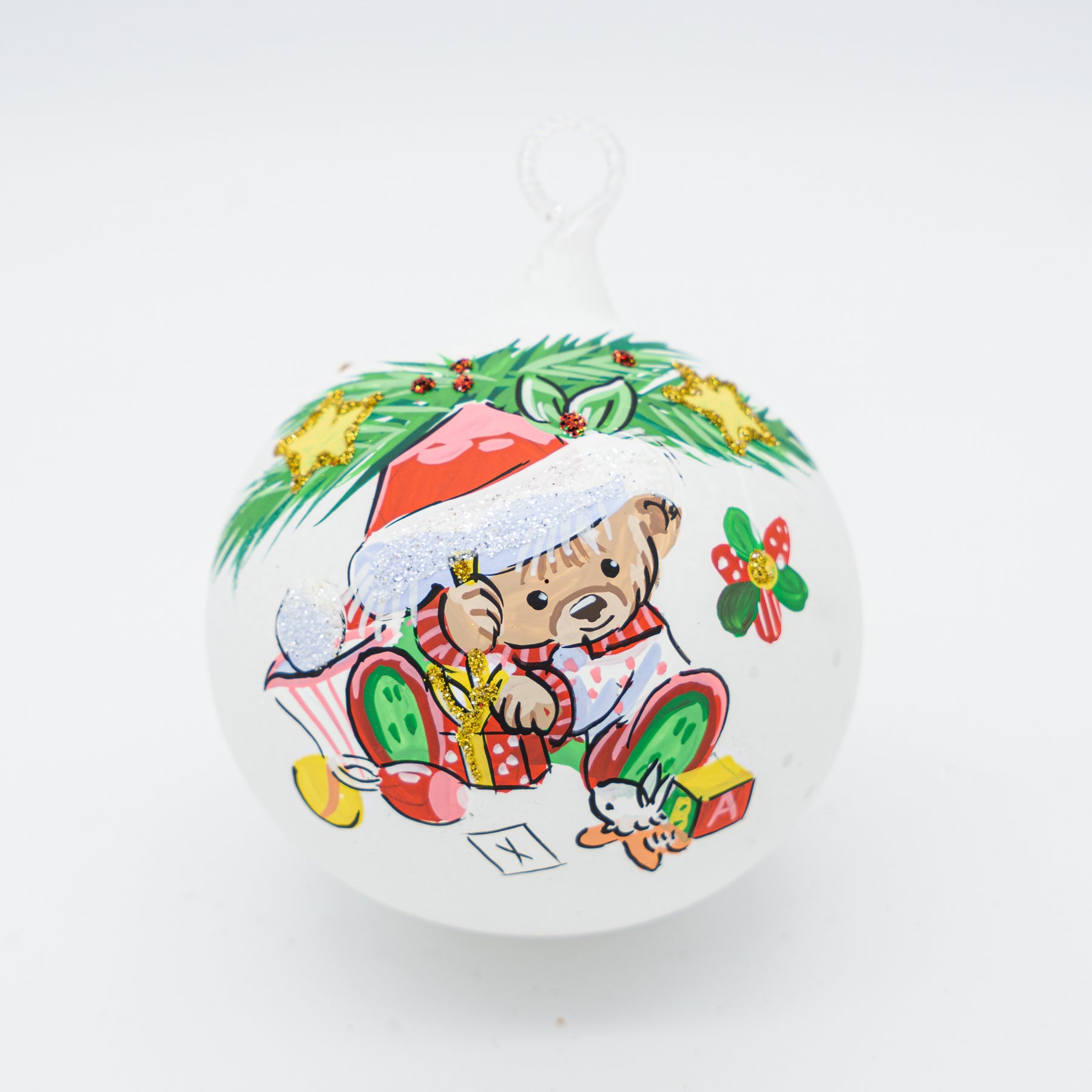 Weihnachtskugel mit Teddybär weiß