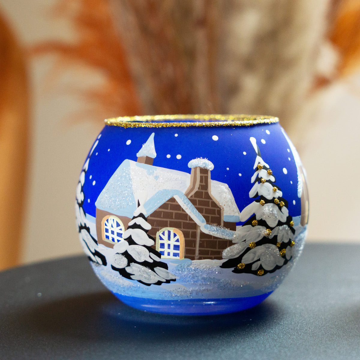 Kugel Windlicht Winterlandschaft blau