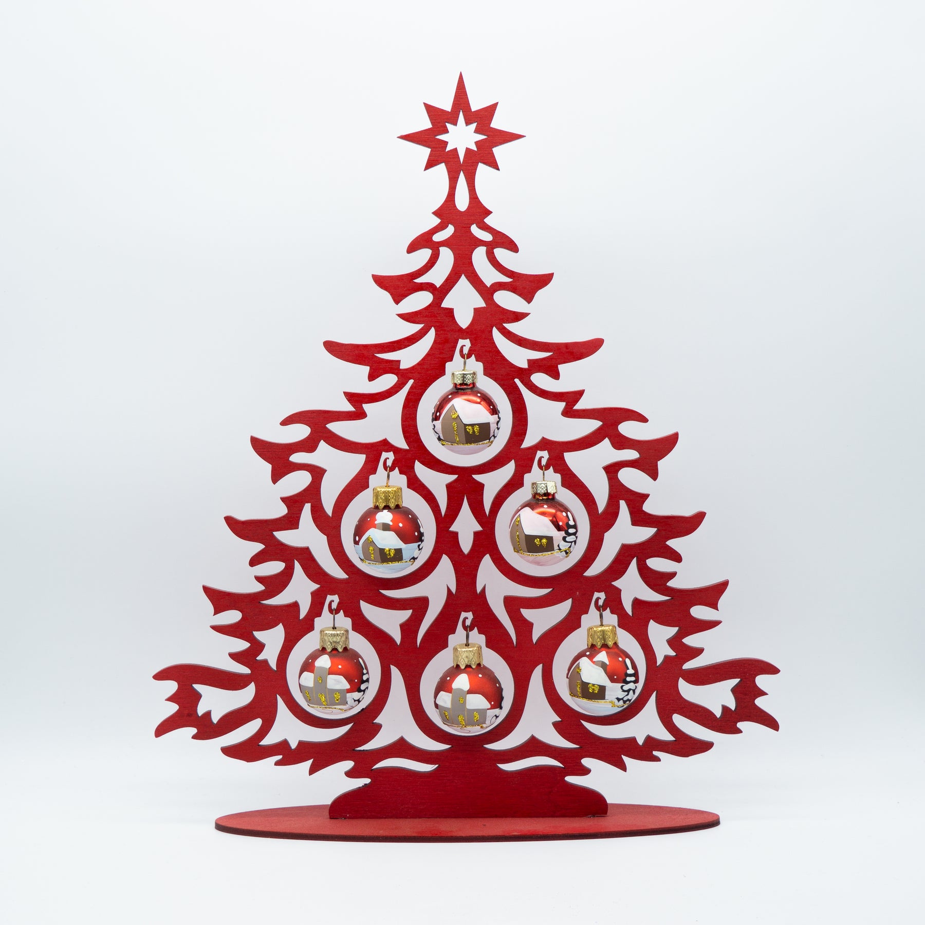 Tannenbaum Set aus Holz mit Weihnachtskugeln rot