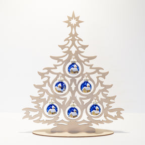 Tannenbaum Set aus Holz mit Weihnachtskugeln blau