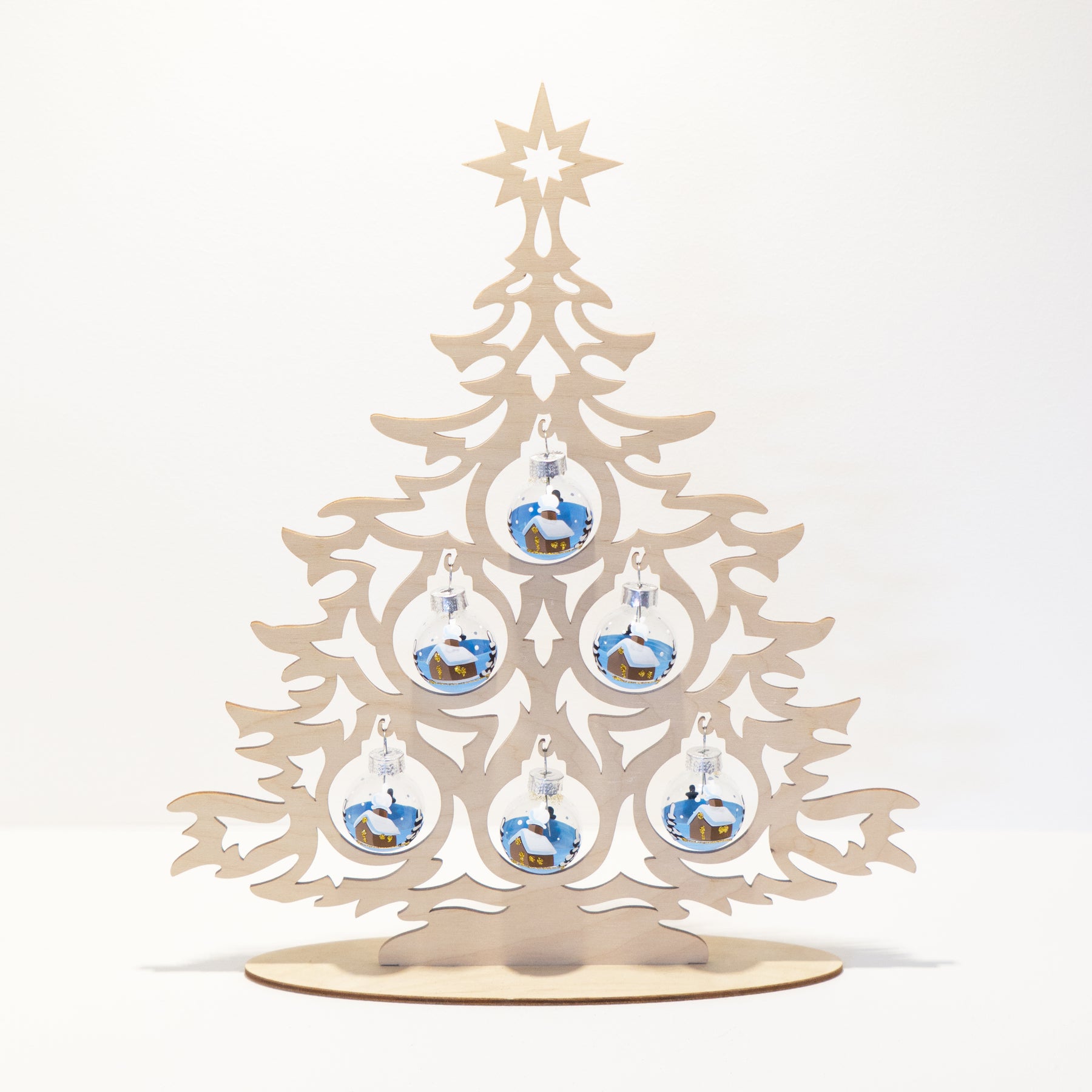 Tannenbaum Set aus Holz mit Weihnachtskugeln hellblau