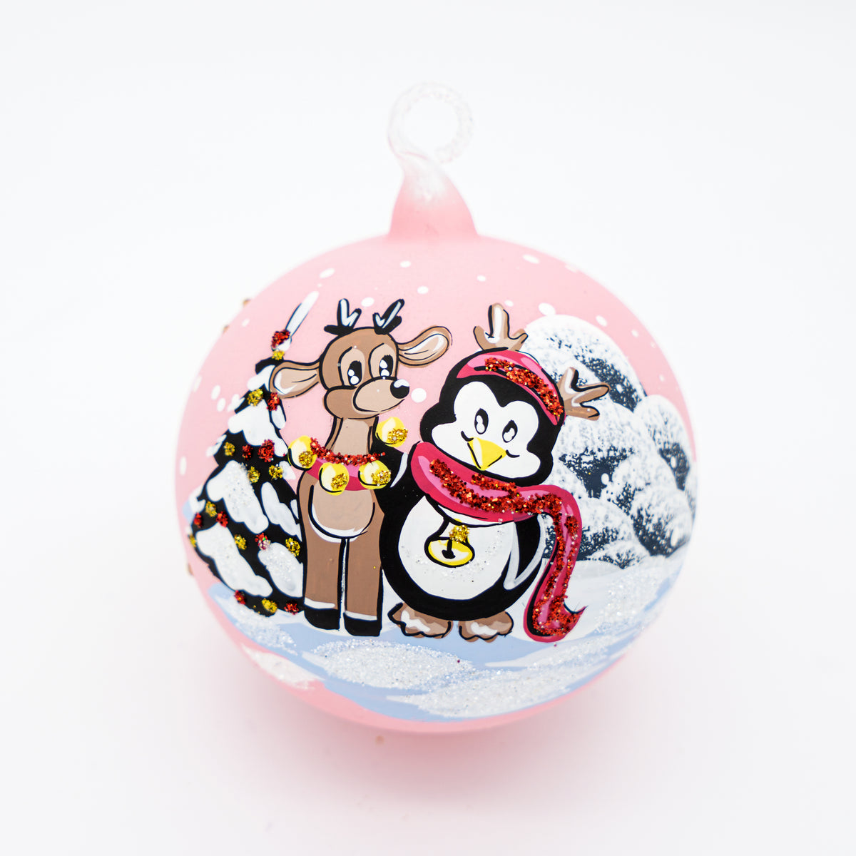 Weihnachtskugel Beste Freunde Pinguin und Rentier rosa
