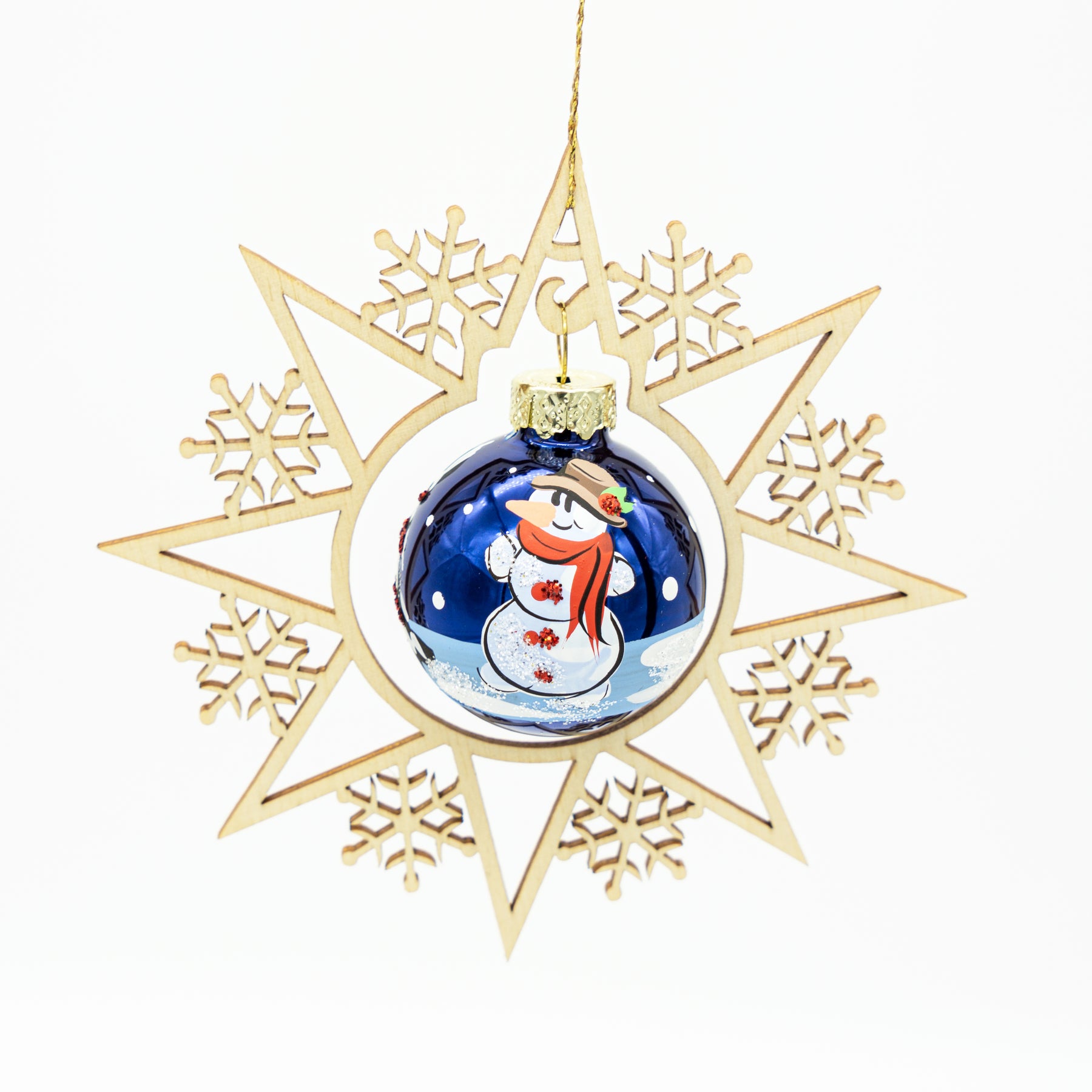 Holzstern mit Weihnachtskugel in blau mit Schneemann